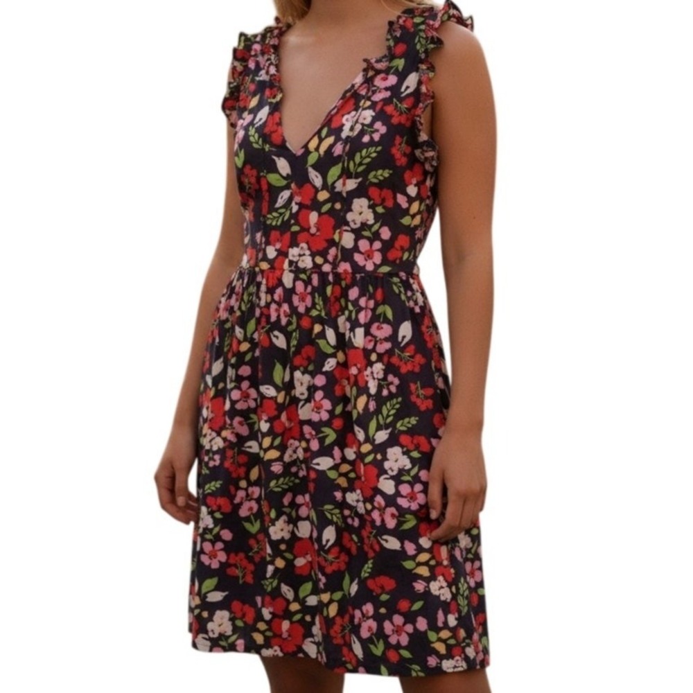 Maggy London Navy Floral Dress Side Pockets Sleeveless Ruffled Sz10